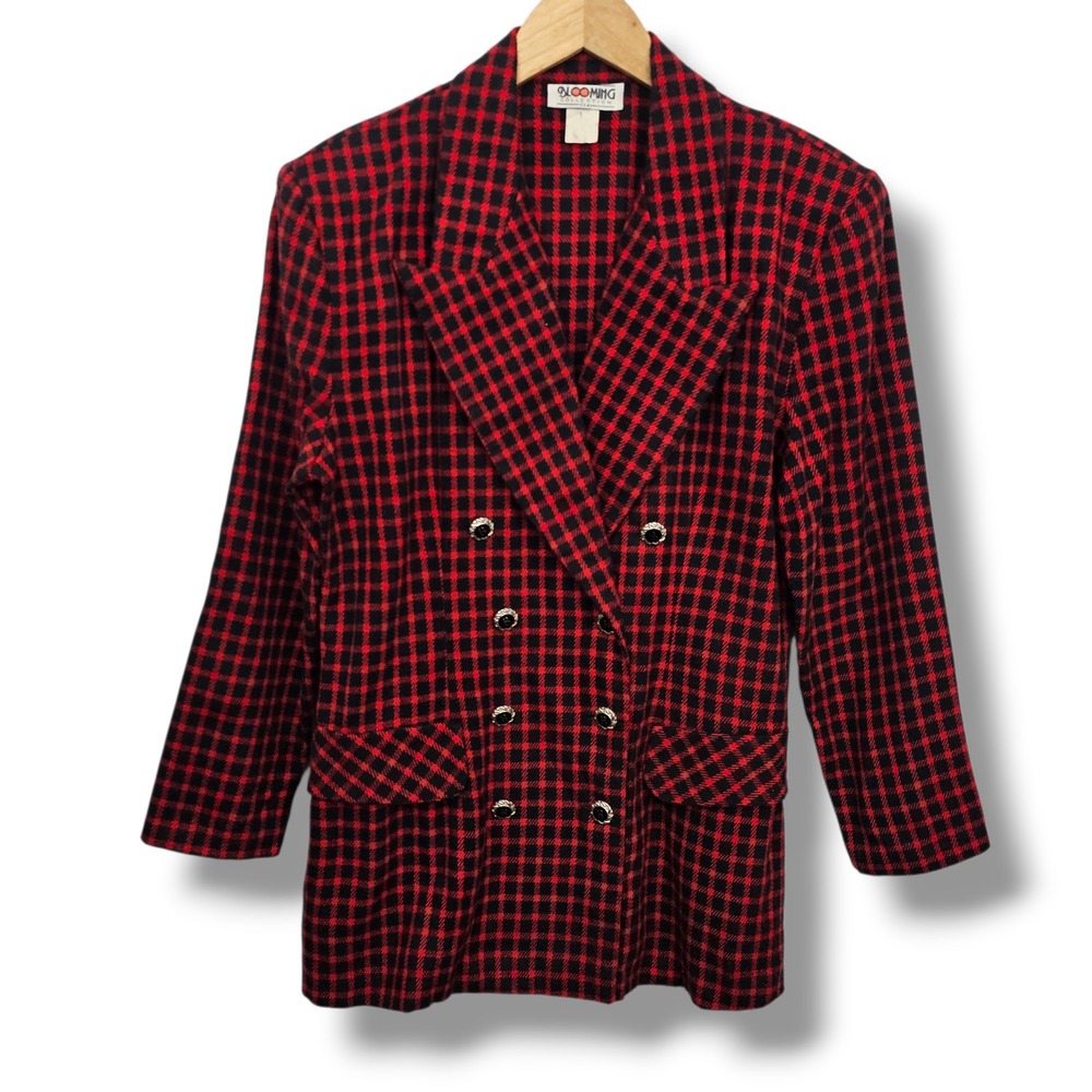Vintage Red Black Plaid Double Breasted Blazer M Jacket Women 80s 90s Valentines